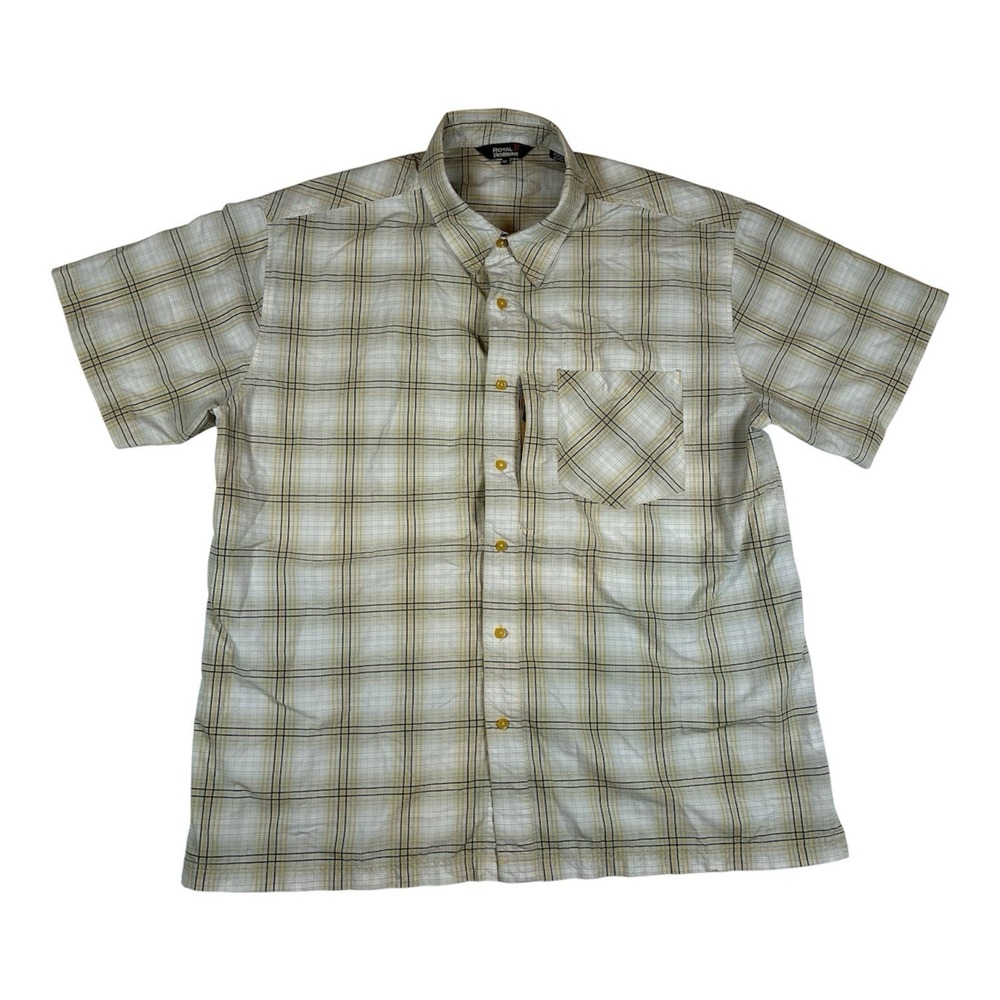 Royal Robbins Mens XL Yellow Gray Plaid Button Up Gorpcore Utility Hiking Earthy